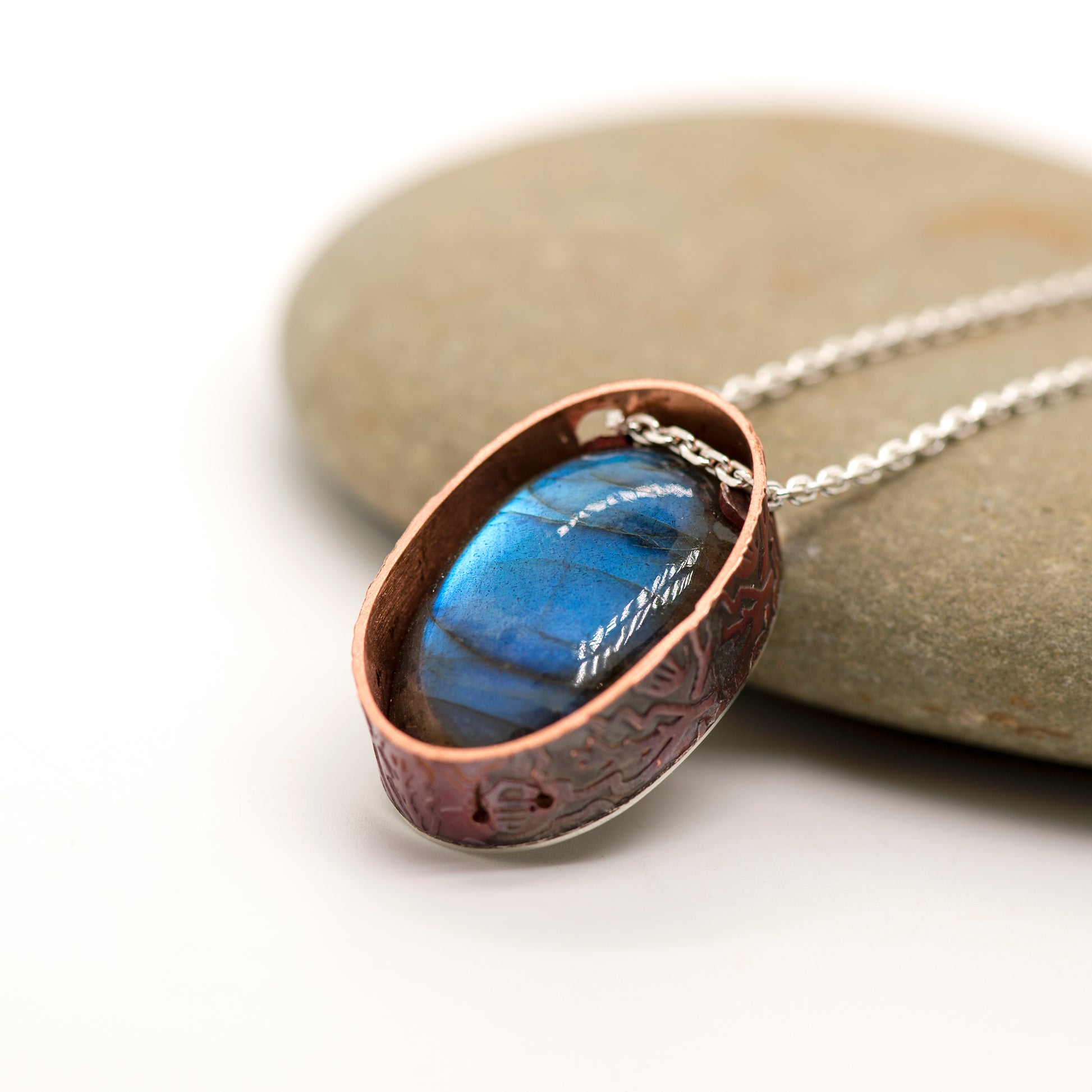 Blue Labradorite & Copper Pendant Necklace, Art Jewelry, MorphiArtForge