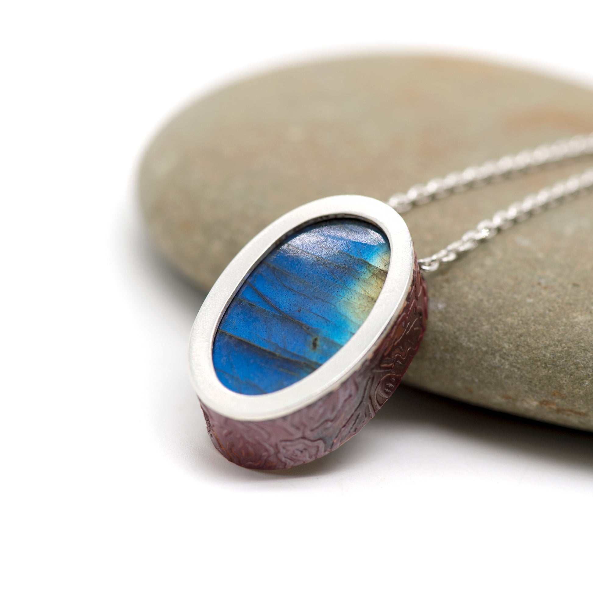 Blue Labradorite & Copper Pendant Necklace, Art Jewelry, double sides, MorphiArtForge