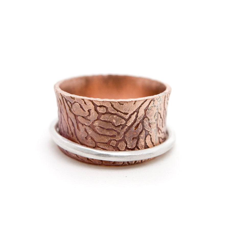 Copper and Silver Spinner Ring, Coral Patterned Meditation Ring, Band Ring, MorphiArtForge,Art Jewelry