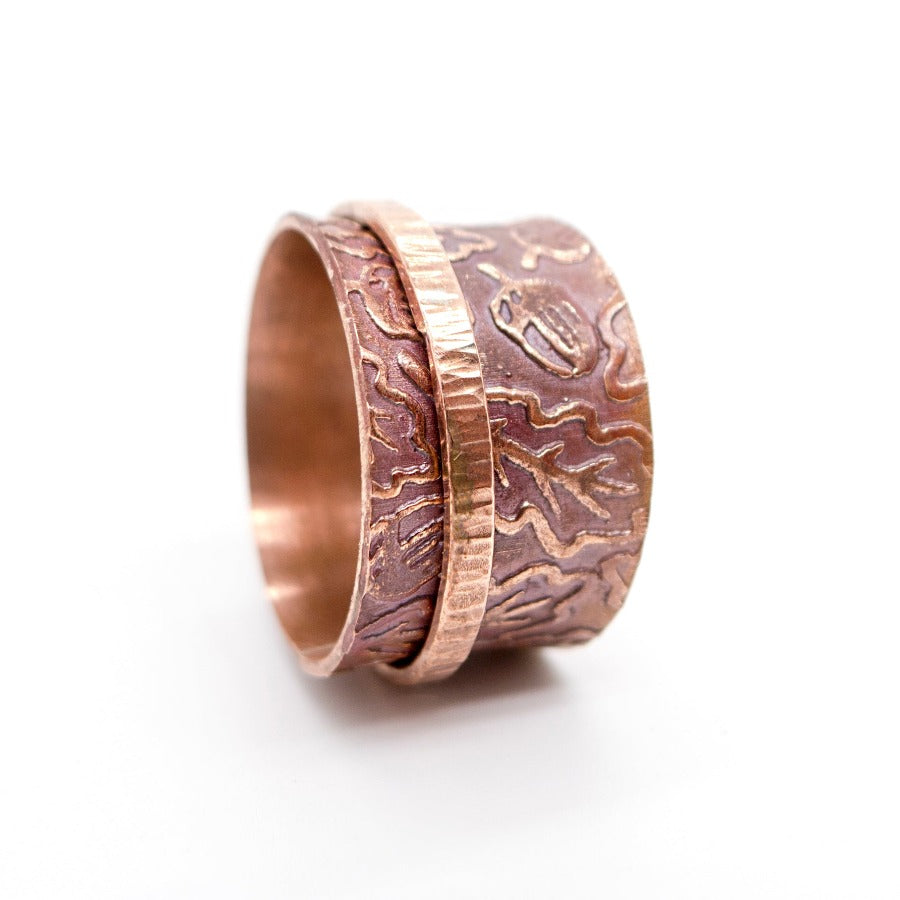 Copper Spinner Ring, Oak Leaf Patterned Meditation Ring, Band Ring, MorphiArtForge