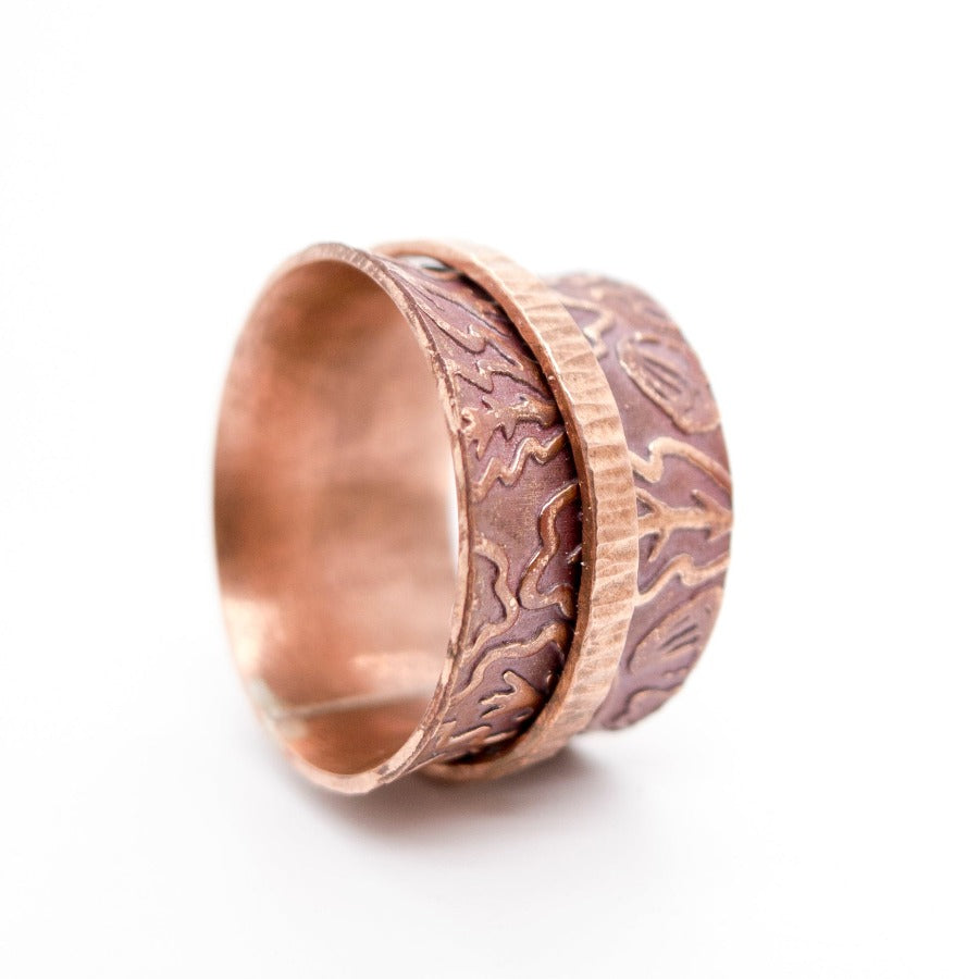 Copper Spinner Ring, Oak Leaf Patterned Meditation Ring, Band Ring, MorphiArtForge