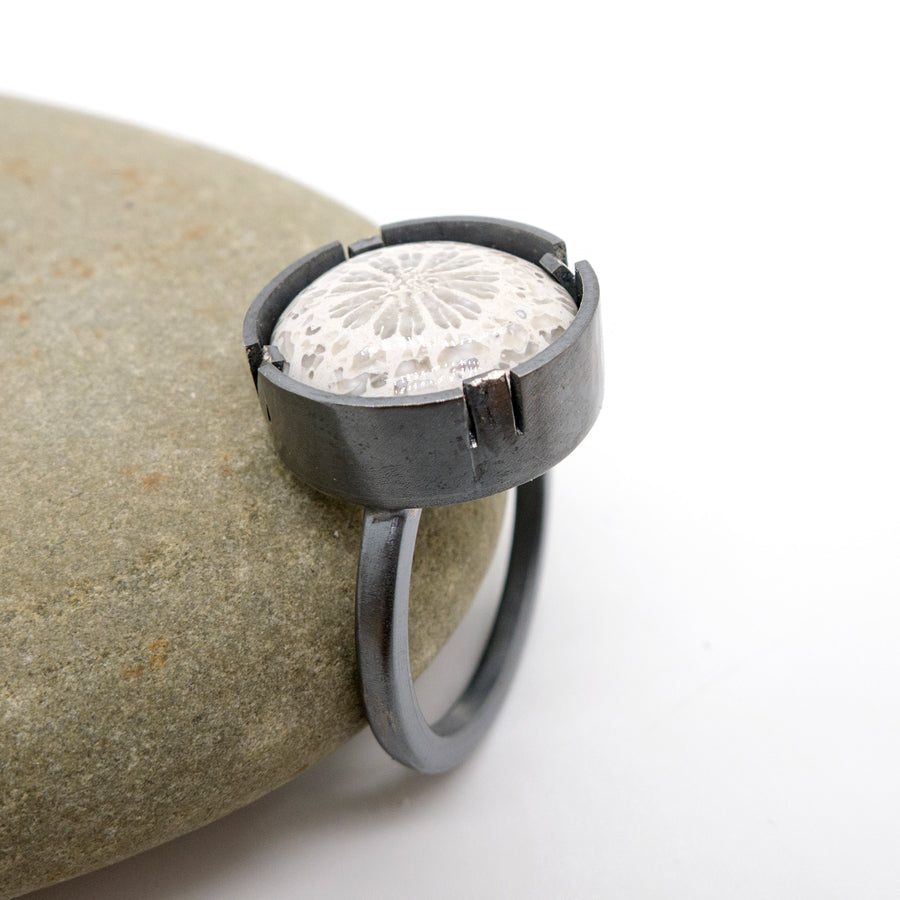 Grayscale Elegance: Coral Fossil Silver Ring, Oxidized Silver, MorphiArtForge, art jewelry