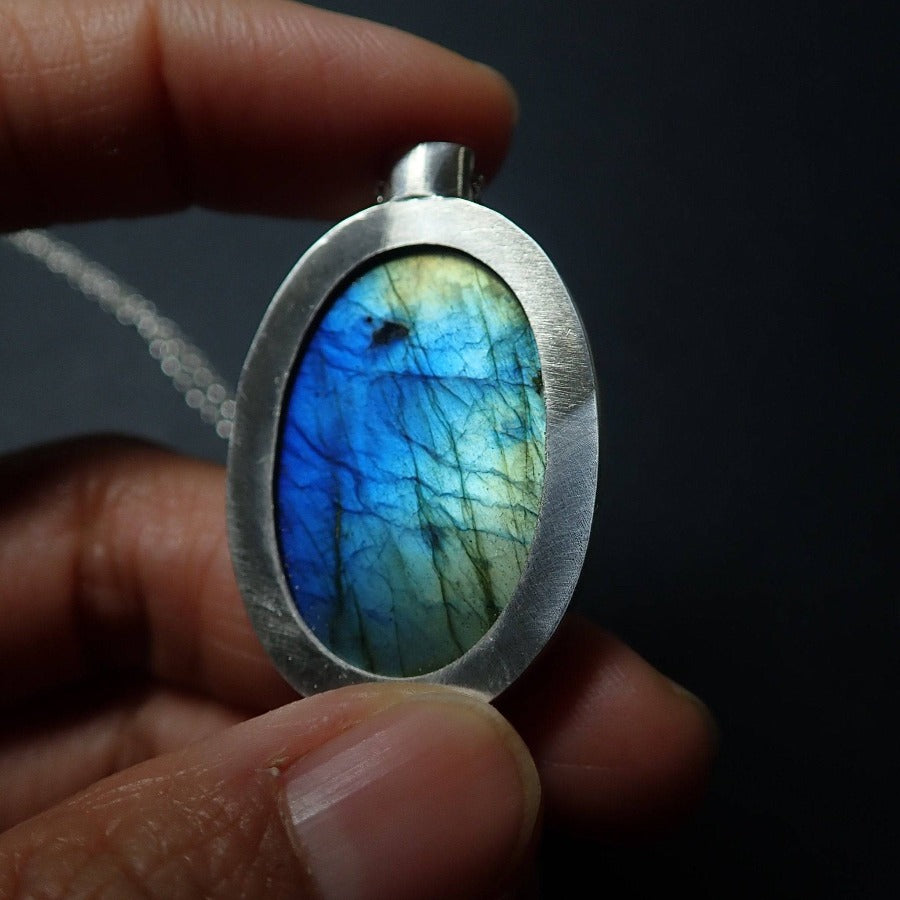 Ocean in the Bottle: Labradorite oval pendant - MorphiArtForge