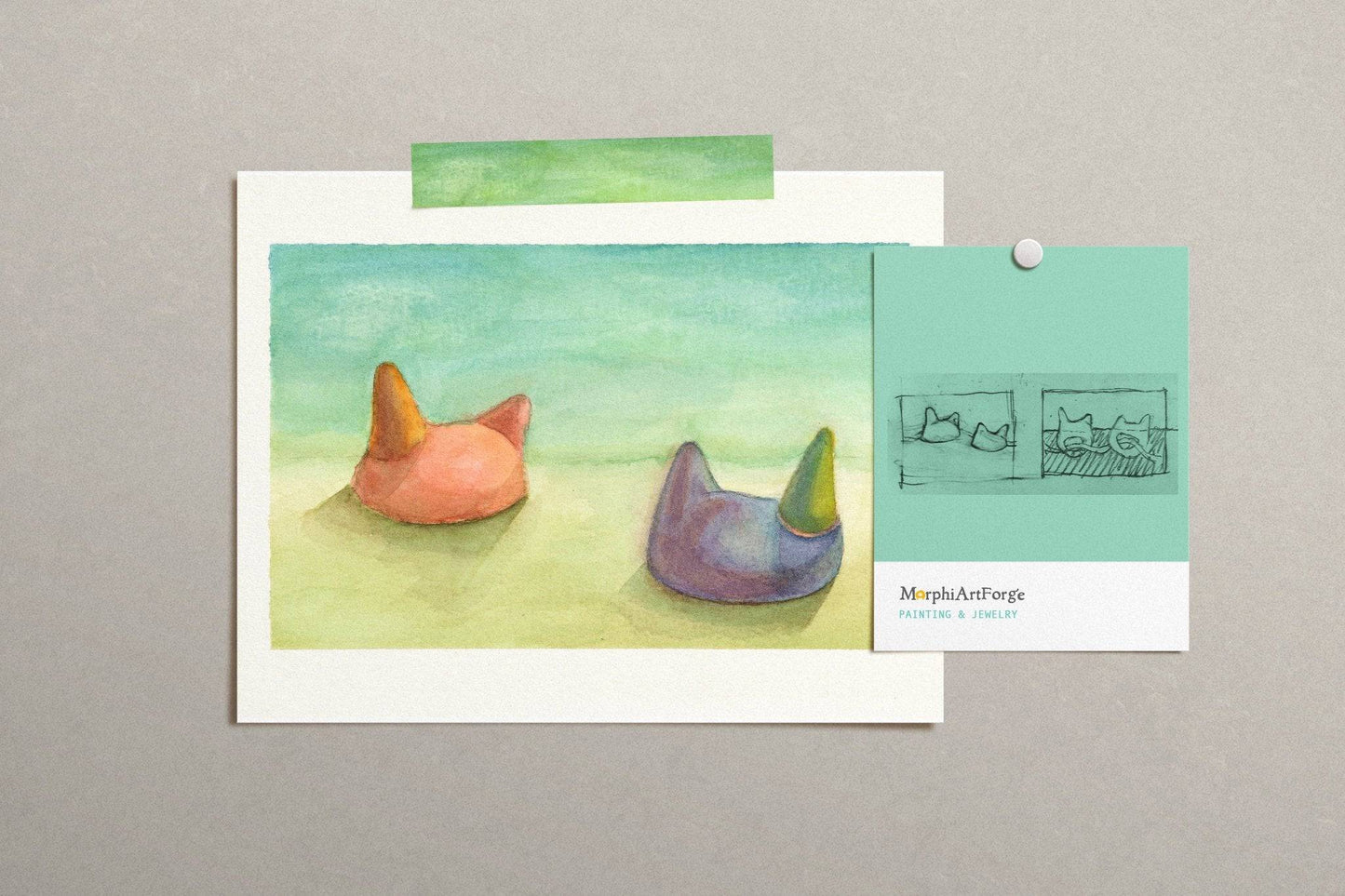 Watercolor Painting: Morphi's Feline Charade - MorphiArtForge