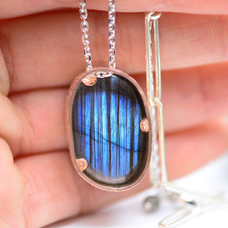 Blue Labradorite & Copper Pendant Necklace, Art Jewelry, MorphiArtForge