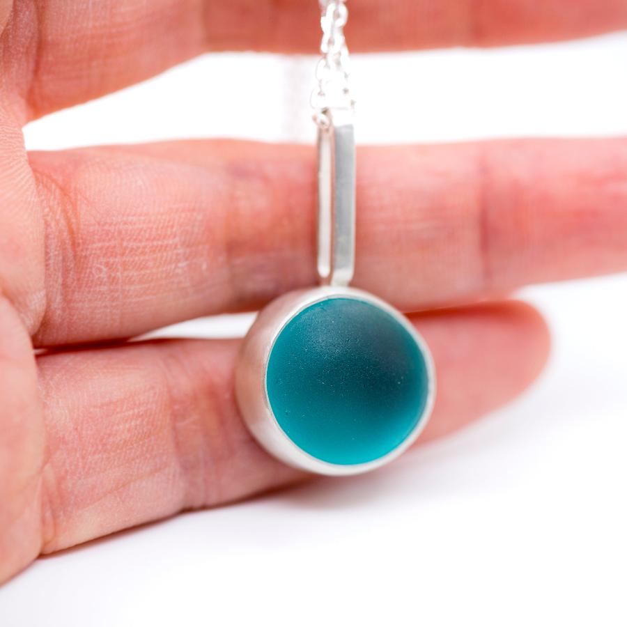 Frosted, Matte Glass Pendant Necklace, Silver, Blue, Green, MorphiArtForge, Art Jewelry