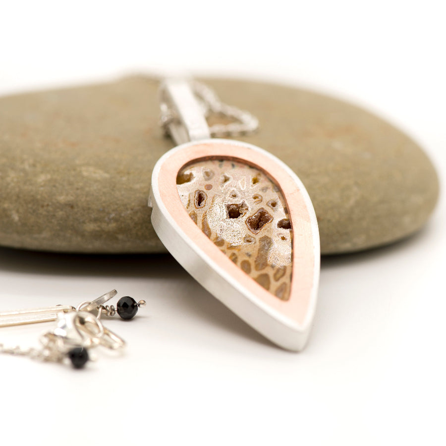 Palm root fossil teardrop pendant in silver by MorphiArtForge_Handmade art jewelry.