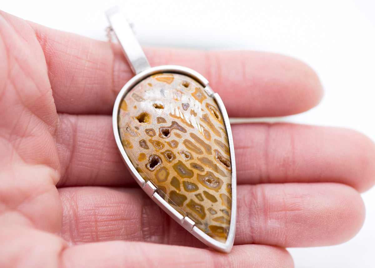 Palm root fossil teardrop pendant in silver by MorphiArtForge_Handmade art jewelry.