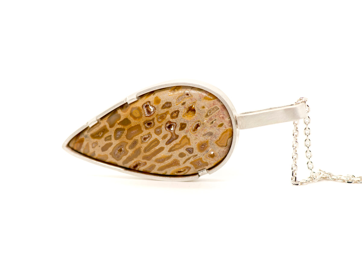 Palm root fossil teardrop pendant in silver by MorphiArtForge_Handmade art jewelry.