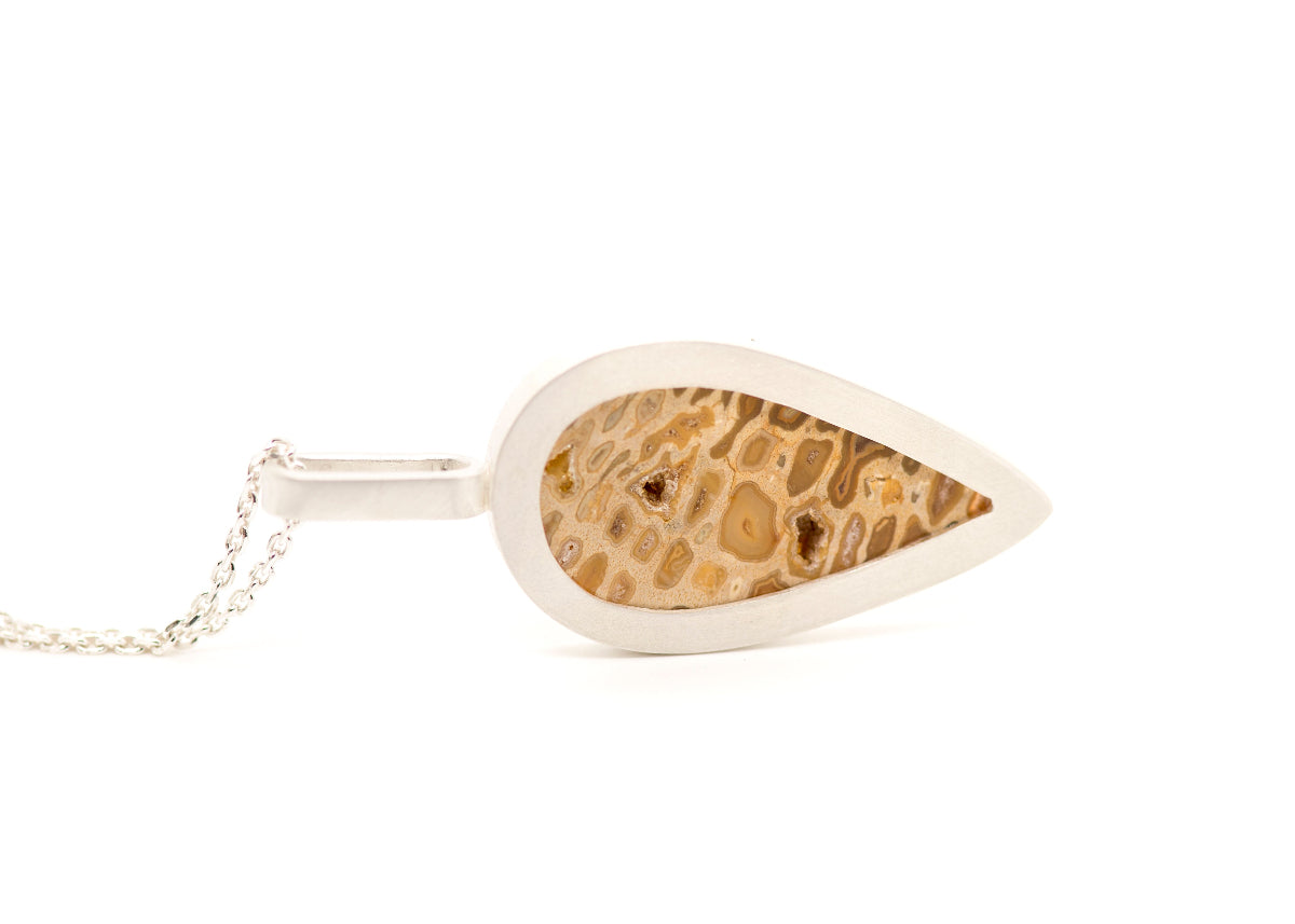 Palm root fossil teardrop pendant in silver by MorphiArtForge_Handmade art jewelry.