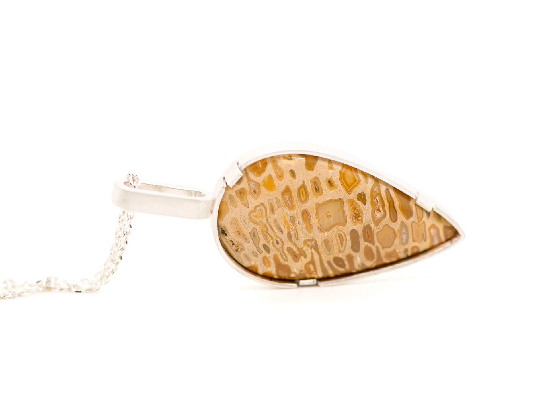 Palm root fossil teardrop pendant in silver by MorphiArtForge_Handmade art jewelry.