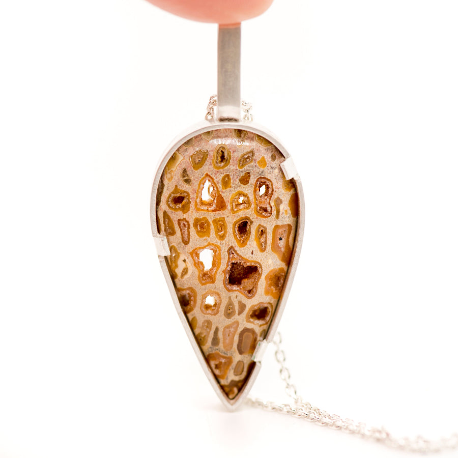 Palm root fossil teardrop pendant in silver by MorphiArtForge_Handmade art jewelry.