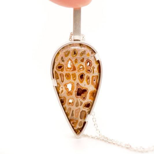 Palm root fossil teardrop pendant in silver by MorphiArtForge_Handmade art jewelry.