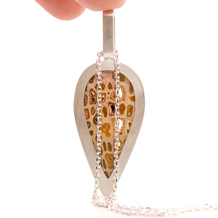 Palm root fossil teardrop pendant in silver by MorphiArtForge_Handmade art jewelry.