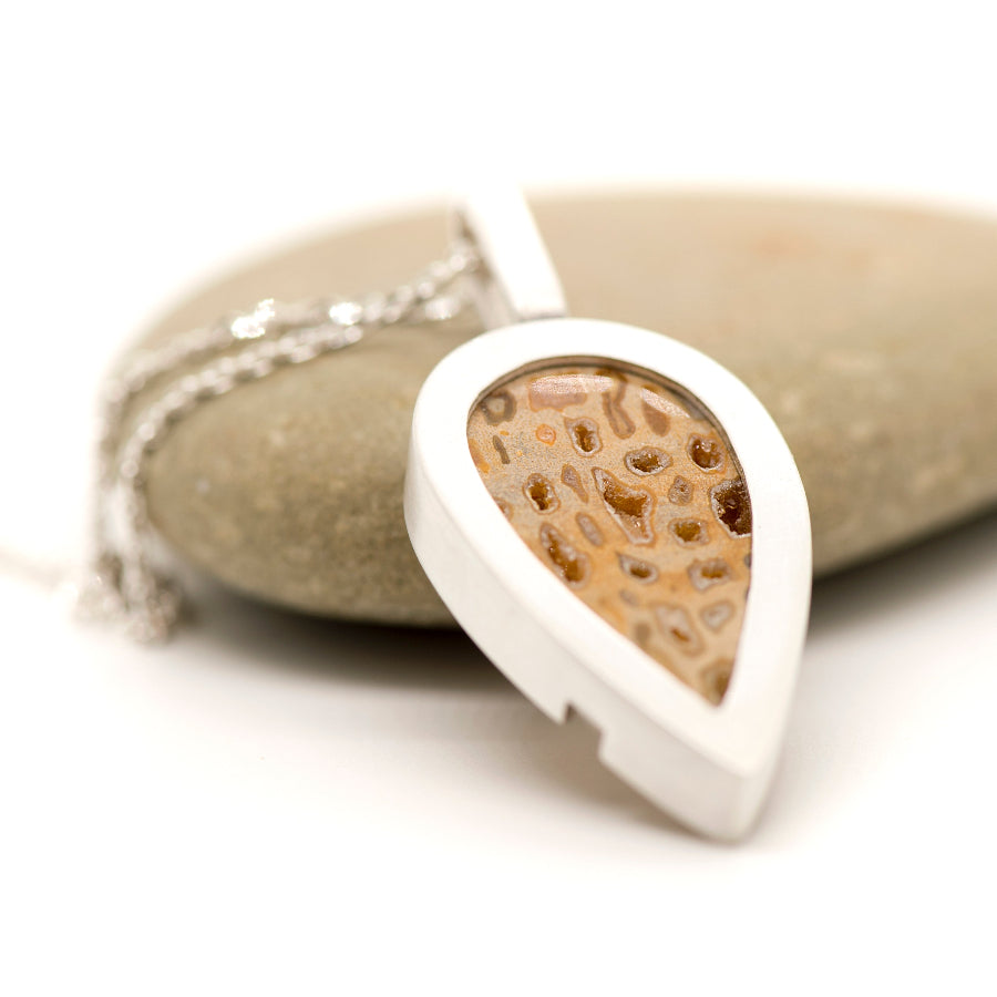 Palm root fossil teardrop pendant in silver by MorphiArtForge_Handmade art jewelry.