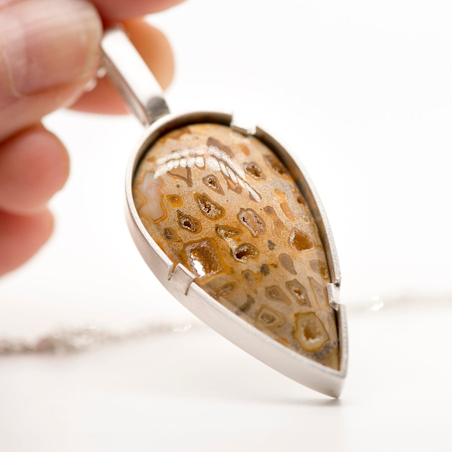 Palm root fossil teardrop pendant in silver by MorphiArtForge_Handmade art jewelry.
