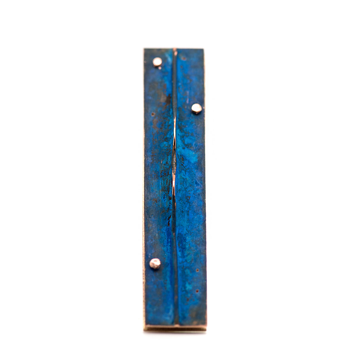 Front view of long blue copper wearable art brooch