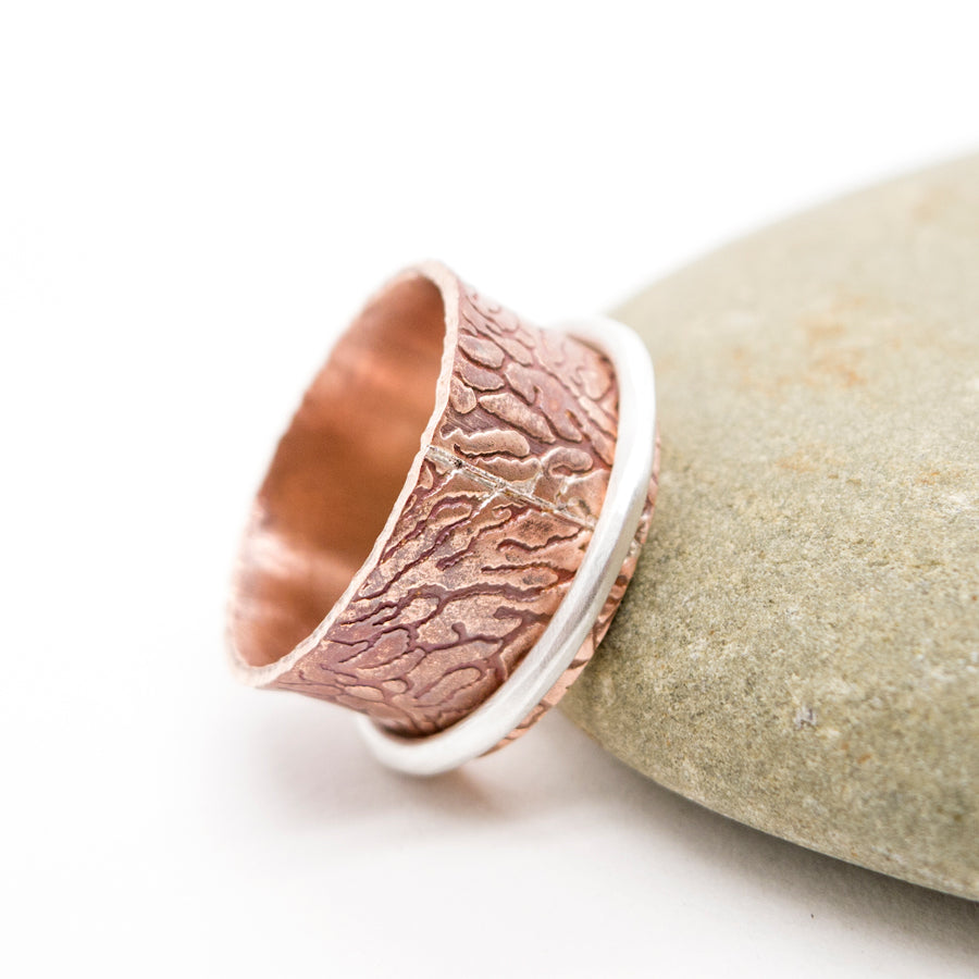 Copper and Silver Spinner Ring, Coral Patterned Meditation Ring, Band Ring, MorphiArtForge,Art Jewelry