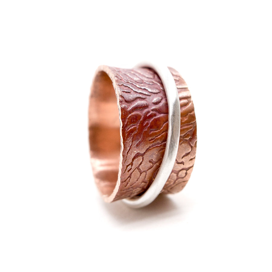 Copper and Silver Spinner Ring, Coral Patterned Meditation Ring, Band Ring, MorphiArtForge,Art Jewelry