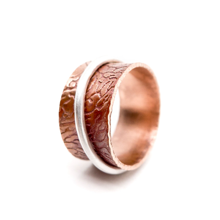 Copper and Silver Spinner Ring, Coral Patterned Meditation Ring, Band Ring, MorphiArtForge,Art Jewelry