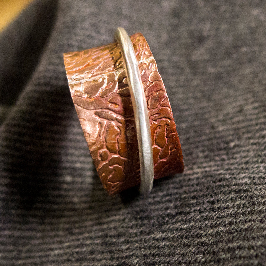 Copper and Silver Spinner Ring, Coral Patterned Meditation Ring, Band Ring, MorphiArtForge,Art Jewelry