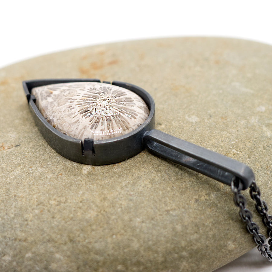 Grayscale Elegance: Fossil Silver Necklace Pendant, Art Jewelry, MorphiArtForge