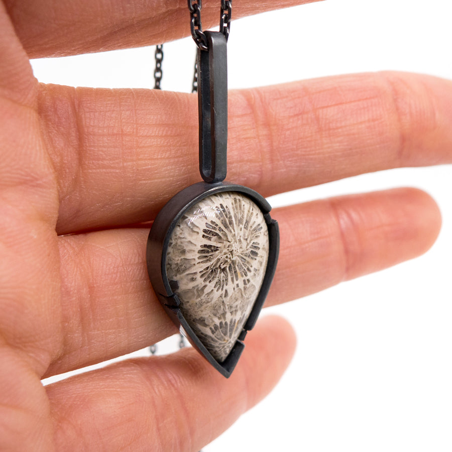 Grayscale Elegance: Fossil Silver Necklace Pendant, Art Jewelry, MorphiArtForge