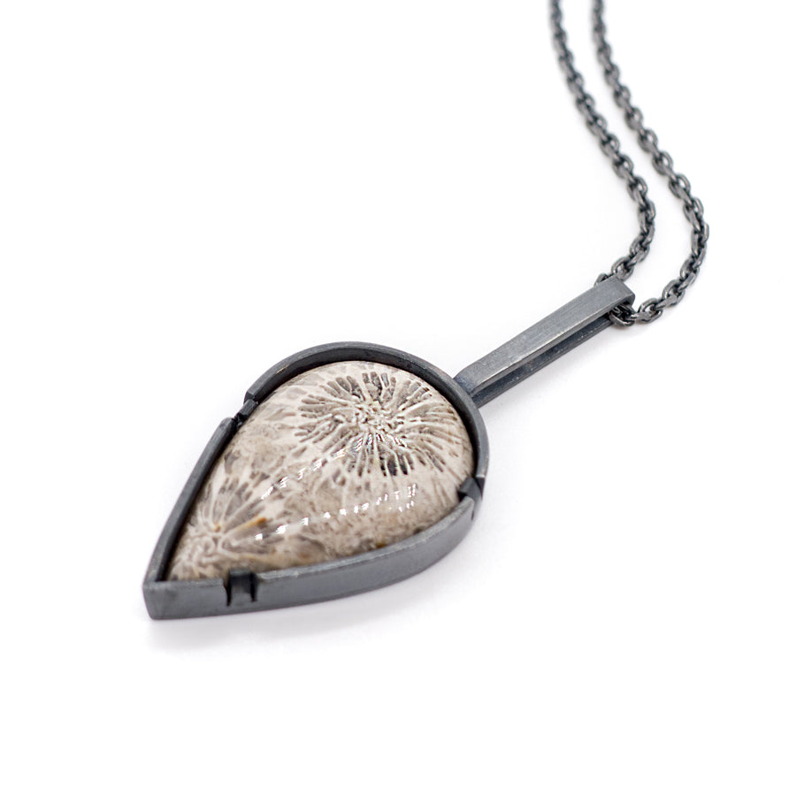 Grayscale Elegance: Fossil Silver Necklace Pendant, Art Jewelry, MorphiArtForge