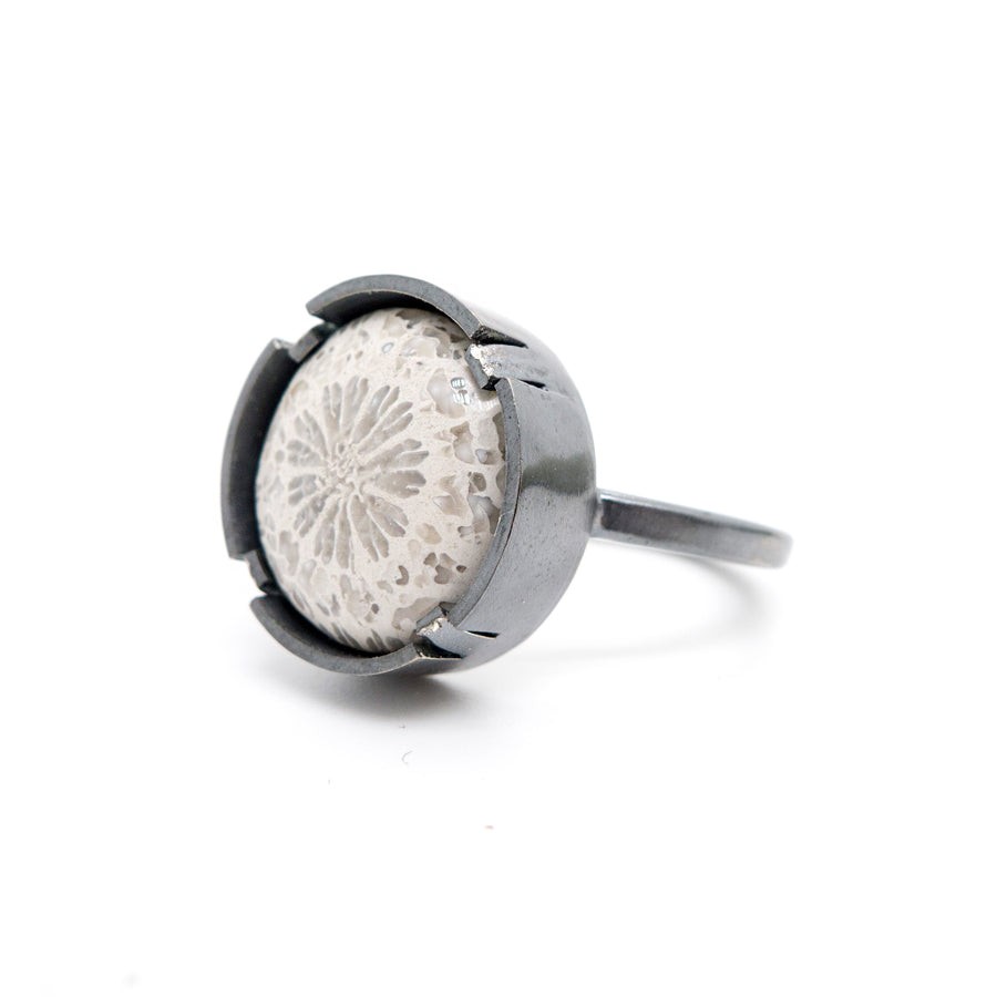 Grayscale Elegance: Coral Fossil Silver Ring, MorphiArtForge, art jewelry