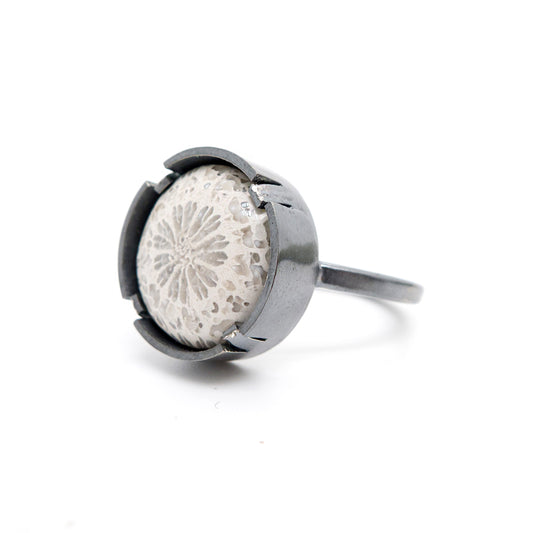 Grayscale Elegance: Coral Fossil Silver Ring, MorphiArtForge, art jewelry