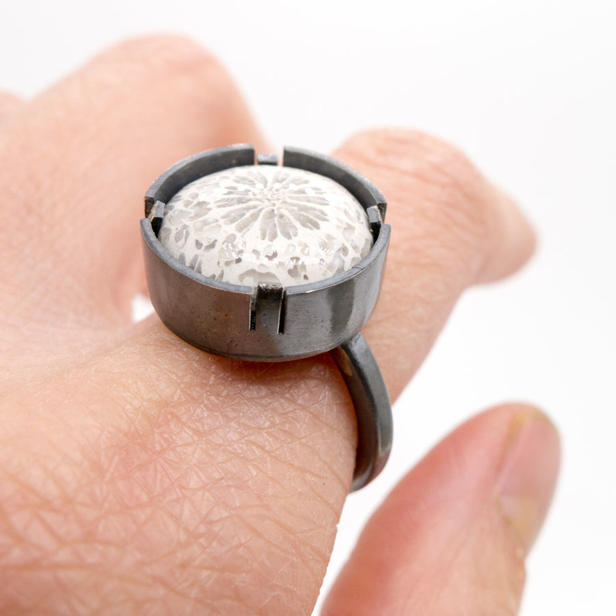 Grayscale Elegance: Coral Fossil Silver Ring, MorphiArtForge, art jewelry