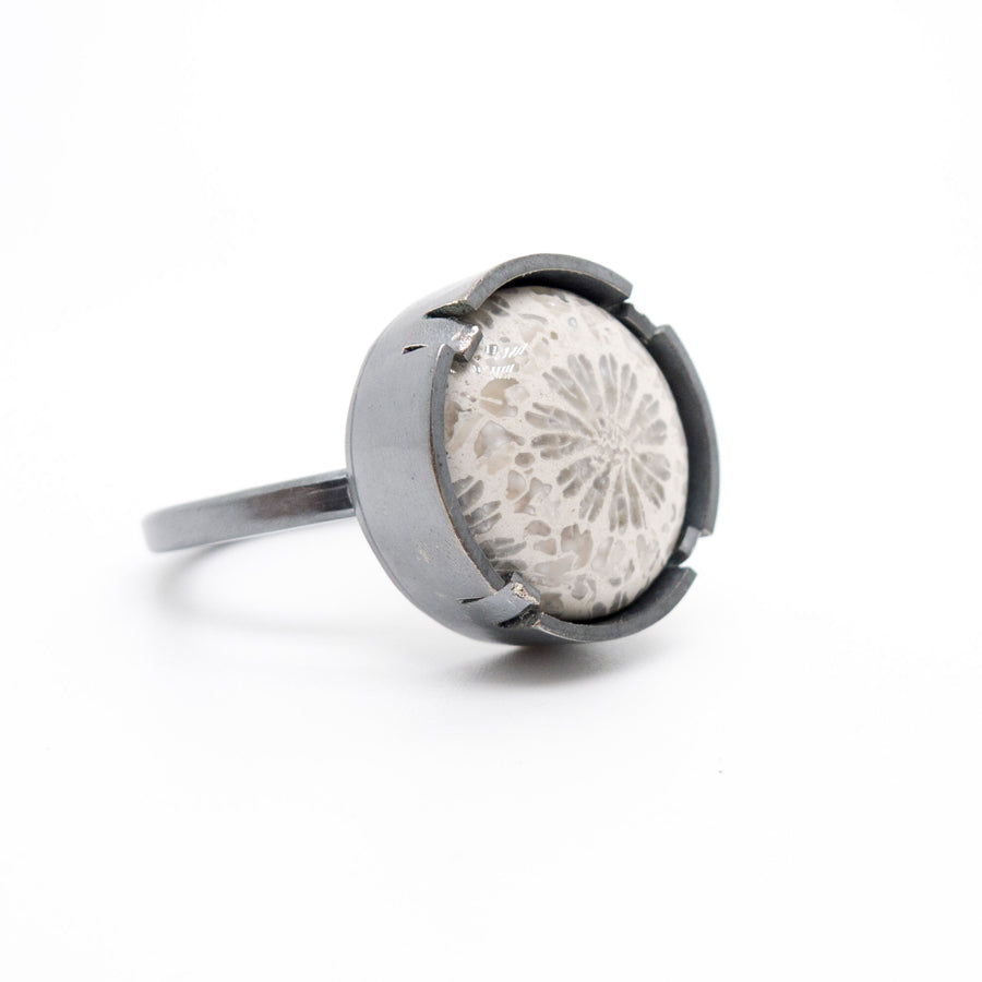 Grayscale Elegance: Coral Fossil Silver Ring, Oxidized Silver, MorphiArtForge, art jewelry