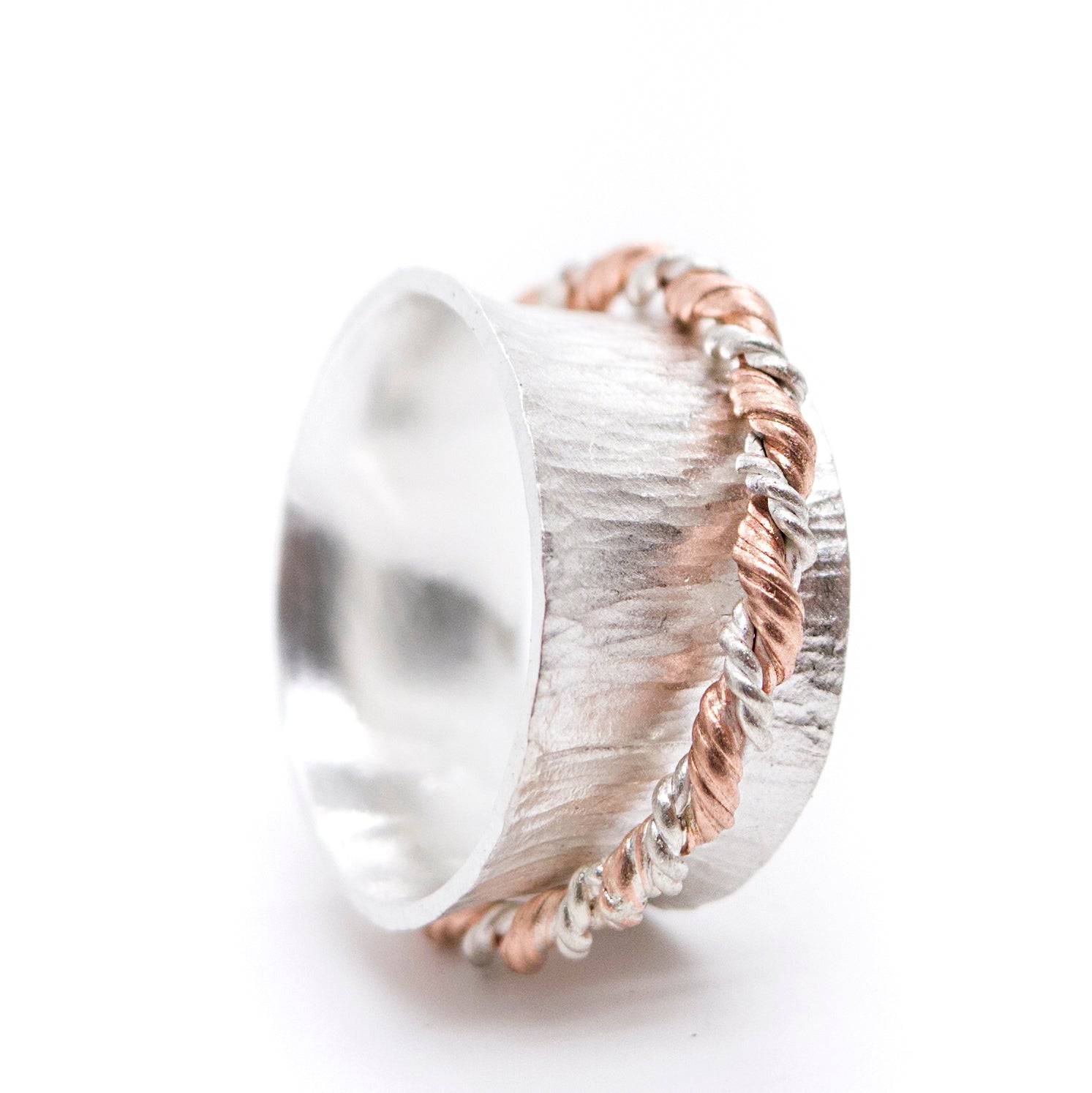 Silver Meditation Ring: Hammered Pattern and Copper Silver Twist Spinner - MorphiArtForge