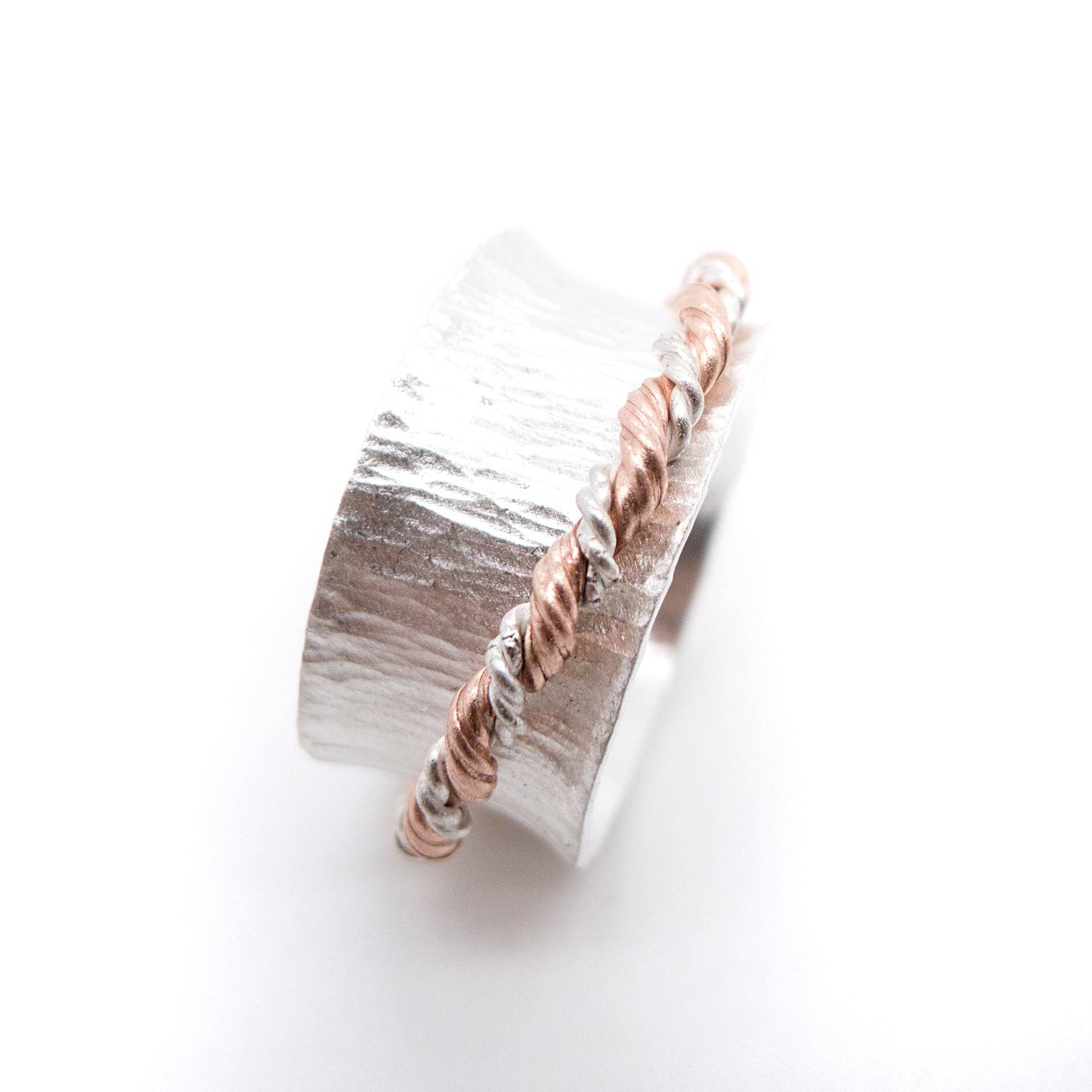 Silver Meditation Ring: Hammered Pattern and Copper Silver Twist Spinner - MorphiArtForge