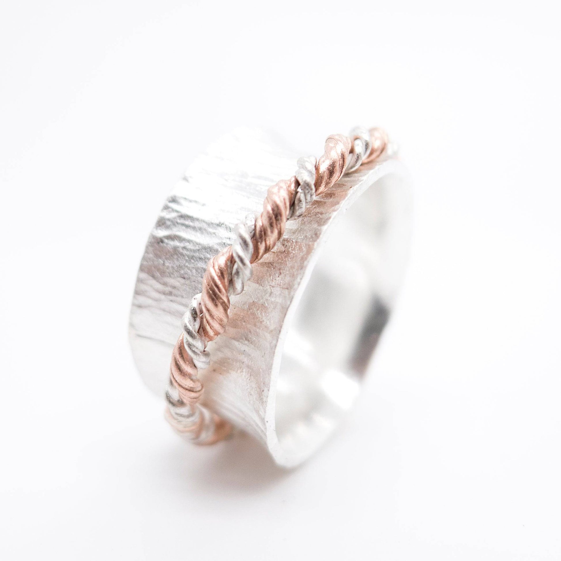 Silver Meditation Ring: Hammered Pattern and Copper Silver Twist Spinner - MorphiArtForge