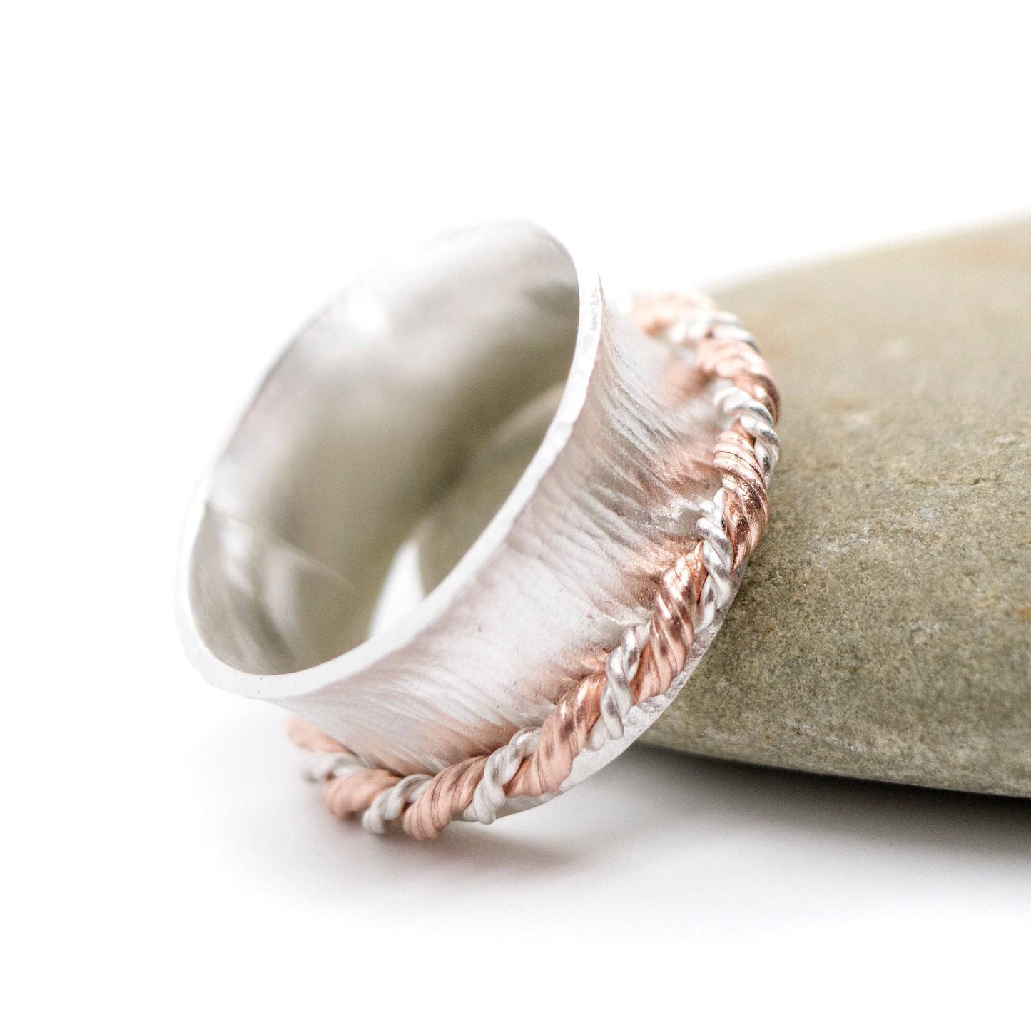 Silver Meditation Ring: Hammered Pattern and Copper Silver Twist Spinner - MorphiArtForge