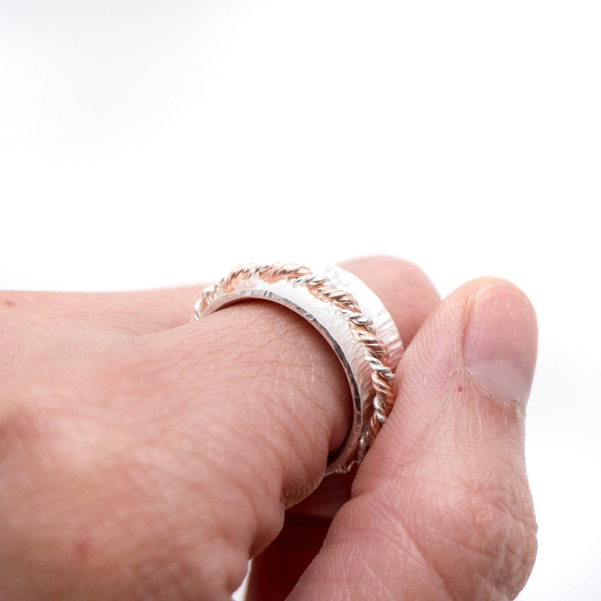 Silver Meditation Ring: Hammered Pattern and Copper Silver Twist Spinner - MorphiArtForge